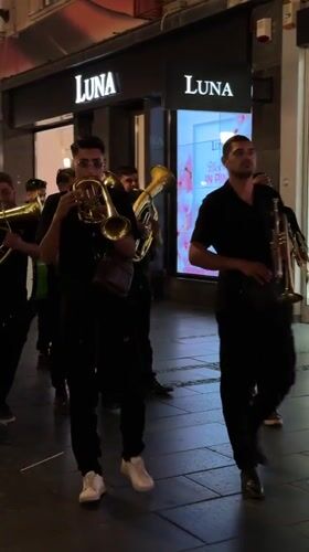 Brass band performs street music in downtown Belgrade