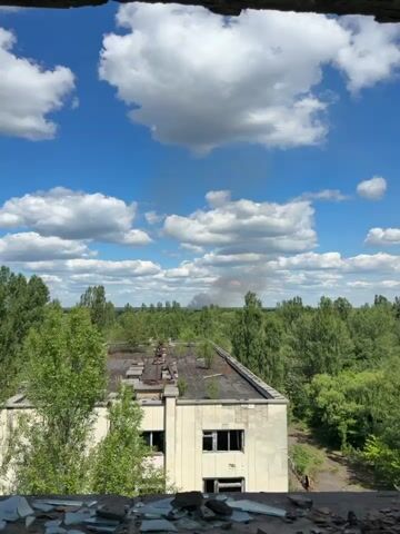 The video shows a view of a forest landscape and a dilapidated building under a bright, blue sky filled with puffy white clouds. In the distance, a plume of gray smoke rises, indicating a fire. The camera seems to be positioned inside a derelict building, with broken glass fragments visible at the bottom of the frame, possibly from a shattered window. The building in the foreground has a flat roof covered with vegetation and deteriorated roofing materials. The forest stretches across the middle ground, with the smoke plume dominating the horizon. The overall scene evokes a sense of abandonment and environmental concern due to the fire.