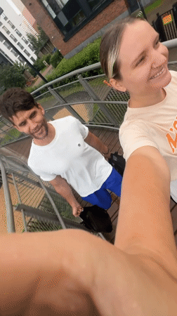 Selfie moment on a metal walkway in Saint Petersburg