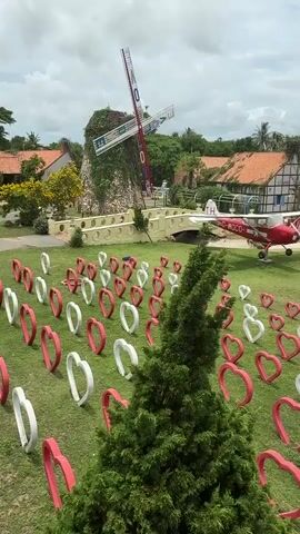 The video pans across a scenic outdoor landscape. In the foreground, a lush green lawn is dotted with numerous heart-shaped decorations, alternating in red and white. A tall, conical evergreen tree stands prominently in the center of the frame. Beyond the heart decorations, a small airplane with red and white coloring is parked on a grassy area. Further in the background, a rustic windmill with red and white sails is visible, partially covered in greenery. Several quaint, European-style buildings with thatched roofs and white-trimmed windows are situated behind the windmill and the airplane. A body of water, possibly a pond or small lake, is present, with a quaint bridge crossing over it. The overall setting appears to be a park or recreational area, possibly with a European theme, under a cloudy sky.