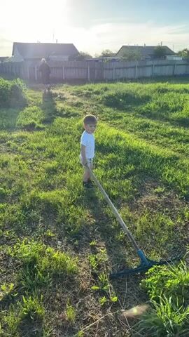 In a sunlit grassy yard in Kraishevo, Russia, a young boy in a white t-shirt and shorts attempts to wield a large rake. The rake, with a long wooden handle and a green metal head, lies on the ground, angled towards the boy. He crouches down, his hands on the handle, seemingly trying to lift or move it. In the background, a woman in a dark dress walks away from the camera, her figure blurred by the bright sunlight. Beyond her, a wooden fence encloses the yard, and houses with dark roofs are visible. The sky is a soft blue, suggesting it is late afternoon or early evening. The overall scene conveys a sense of domestic life and childhood exploration in a rural setting.