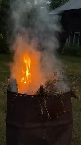 A metal barrel is on fire in an outdoor setting. The fire is burning green vegetation and is producing a large amount of smoke. A building is visible in the background.
