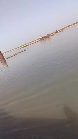 The camera moves across a wide, still body of water, likely a river, under a clear sky. The water is a murky gray-brown color with subtle ripples. In the distance, there's a low-lying landmass, potentially a riverbank or island, with a sparse tree line. Closer to the camera, a row of large, cylindrical metal structures emerges from the water. These appear to be supports for a bridge under construction. Some of the supports have what looks like construction materials or debris attached to them. The camera seems to be moving on a boat, as indicated by the wooden edge of the vessel visible at the bottom of the frame.