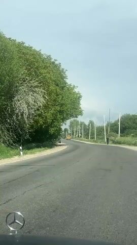 The video captures a first-person perspective from a vehicle, likely a car, driving along an asphalt road in Vardashat, Armenia. The time of day appears to be daytime, under an overcast sky with visible clouds.

The primary subjects include the road itself, flanked by lush green trees and grassy verges. A series of concrete power poles with numerous overhead wires run alongside the right side of the road. In the distance, other vehicles are visible, including what appears to be a yellow bus and several cars.

As the vehicle progresses, a man dressed in black clothing is seen walking on the right shoulder of the road. He remains stationary relative to the moving camera for a brief moment before being passed. The road exhibits some wear, with visible patches and faded markings. The scenery suggests a rural or semi-rural setting. No specific events beyond driving and observing the passing landscape and a pedestrian are captured. There is no visible text in the video.