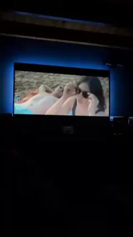 The video shows a darkened living room. A large screen shows a scene of a woman at the beach. A small wooden table is visible with various items on it. A dog is sniffing around the base of the table. There is a white Croc shoe on the floor near the dog. The room is illuminated by the screen and blue lights behind the screen.
