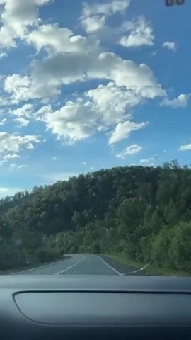 A point-of-view shot from inside a vehicle shows a winding road through a lush green forest under a bright blue sky dotted with fluffy white clouds. The road curves to the left, and trees line both sides. The interior of the car is visible in the foreground.