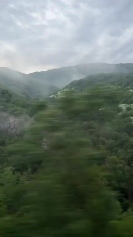 This video captures a scenic view from a moving vehicle, likely a train or car, traveling through a mountainous and heavily forested landscape. The foreground trees are blurred due to motion, indicating movement at a moderate speed. In the midground and background, lush green mountains covered in dense foliage rise under an overcast sky. Patches of mist or fog cling to the higher slopes and valleys, creating a serene and somewhat mysterious atmosphere. The lighting suggests it is daytime, but the heavy cloud cover gives the scene a muted, soft glow. The rocky outcrops are visible among the trees in some sections. The overall impression is one of passing through a verdant, damp, and mountainous region, possibly in Paidushko, Bulgaria, as indicated by the context.