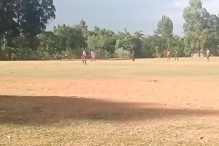 On an outdoor field, people in what appears to be matching uniforms are scattered, suggesting some sort of practice. The field itself is a mix of grass and dirt, with a backdrop of trees. The lighting appears to be somewhat cloudy or overcast.
