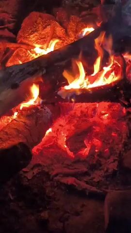 A close-up shot focuses on a campfire with logs burning and glowing embers. The flames are a vibrant orange and yellow, and sparks can be seen occasionally. The surrounding area appears to be made up of dirt and rocks, with some larger rocks visible at the edges of the frame. The lighting is dim, with the fire providing the primary light source, casting a warm glow on the scene. The video is static, with no visible movement other than the flickering flames and the shifting embers. The audio consists of indistinct voices and the crackling of the fire.