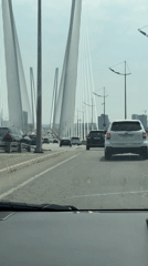 Morning traffic flows across Russky Bridge in Vladivostok