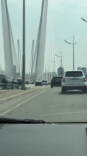 Morning traffic flows across Russky Bridge in Vladivostok