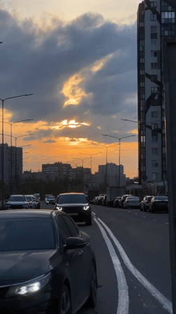 Evening traffic captured on video in Kudrovo, Russia