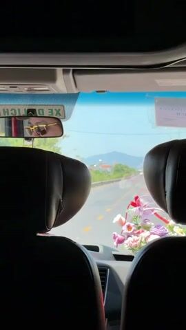 The video shows the interior of a vehicle, looking forward through the windshield. The perspective is from the back seat, with the tops of two black headrests visible in the foreground. In front of the headrests, on the dashboard, is a bouquet of artificial flowers in shades of pink, purple, and white.

Through the windshield, a paved road with yellow lane markings stretches into the distance. The road is bordered by vegetation and a few buildings are visible on either side. In the far distance, mountains can be seen under a clear blue sky.

A rearview mirror is attached to the windshield. It reflects a person wearing sunglasses. A green sign with Vietnamese text is also attached to the windshield. A white sticker with Vietnamese text is visible on the passenger side of the windshield.

The sun is shining, casting bright light on the scene. The overall impression is of a journey on a sunny day.
