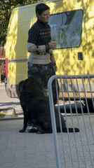 Woman walks dog while drinking coffee on Krasnodar sidewalk
