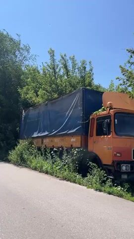 The media file shows an abandoned orange MAN truck with a blue tarp covering its cargo area, parked alongside a paved road. The truck is overgrown with weeds and surrounded by dense green foliage and trees. The sun is shining brightly, casting shadows and indicating it is daytime, likely a clear and warm day. The scene appears to be in a rural or semi-rural setting, possibly in Русская Борковка, Russia, as suggested by the provided location context. There are no people visible in the frame. The truck itself shows signs of age and neglect, with some graffiti visible on its side. The overall impression is one of a vehicle left to rust and be reclaimed by nature. The brand name "MAN" is visible on the front of the truck.