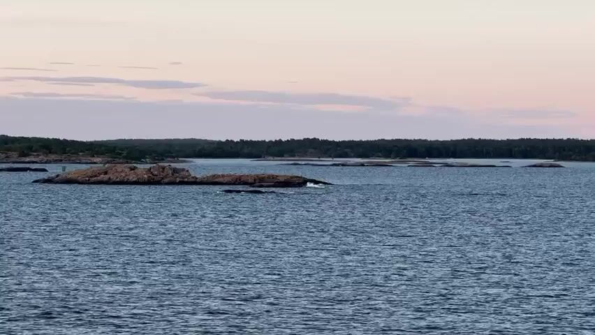 The video shows a wide shot of a body of water with several rocky islands scattered throughout. The water is calm with gentle ripples. In the background, a tree-covered coastline stretches across the horizon. The sky above is a soft gradient of pink and pale blue, with a few wispy clouds. The lighting suggests it is either dawn or dusk. There are no people or discernible objects in motion within the frame. The overall impression is one of a peaceful, natural landscape.