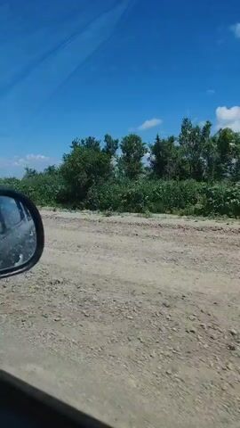 The video shows a view from inside a car, looking out the passenger window and into the side mirror. The car is driving on a dirt road. The landscape outside is rural, with green bushes and trees. The sky is blue with some scattered white clouds. The side mirror is dirty, with specks of dirt and water droplets visible on the glass. The reflection in the mirror shows the back of the car and the road behind it.