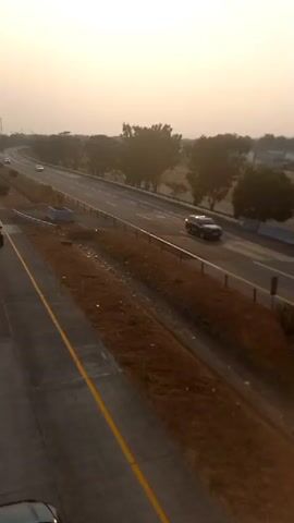 The video shows a view of a highway with several cars driving. The highway has multiple lanes separated by yellow lines and guardrails. There is a dry, grassy median between the highway lanes. Trees line the side of the highway, and the sky is hazy and light-colored, suggesting it is either early morning or late afternoon. The perspective is from an elevated position, looking down onto the highway.