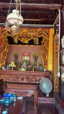 The video captures an indoor scene, likely a traditional living room or ancestral worship area in a Vietnamese home or temple. The primary focus is a grand, intricately carved wooden altar, which takes center stage.

The altar is adorned with rich, golden carvings, possibly depicting dragons, phoenixes, and floral motifs, set against a dark wooden background. A black panel at the top of the altar features prominent golden Vietnamese/Chinese characters, including "ĐỨC" (virtue/morality) and another character, likely "PHÚC" (blessings), together forming "Phúc Đức" (blessings and virtue). On the altar itself, there are several offerings and decorations: two vases holding yellow flowers, brass candlesticks, a brass incense burner with lit incense sticks, and round, yellow decorative containers that may hold offerings. A framed red plaque with golden characters, including "ĐẠI CÁT" (great fortune), is positioned at the back of the altar.

To the left and right of the main altar, there are tall, slender wooden panels with vertical golden characters, likely traditional couplets or prayers. Above the scene, an old-fashioned hanging lamp with a white globe shade is visible.

In the foreground, a dark, carved wooden coffee table with a blue tea set (teapot and cups) is present. A matching wooden chair is visible to the right. A white Toshiba standing fan is placed on the floor next to the altar on the right side. The overall ambiance is one of tradition, reverence, and cultural heritage, characteristic of a space dedicated to ancestral worship in Vietnam.