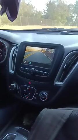 The view from inside a car, looking out of the windshield as it drives along a road. Trees line the road. The car's dashboard and infotainment screen are visible. The screen displays the view from a rear-view camera. Someone is talking in the background.