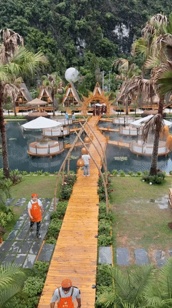 Tourist resort with floating restaurants documented in scenic Guilin