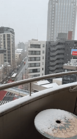 Snow falls over Shibuya district, observed from balcony