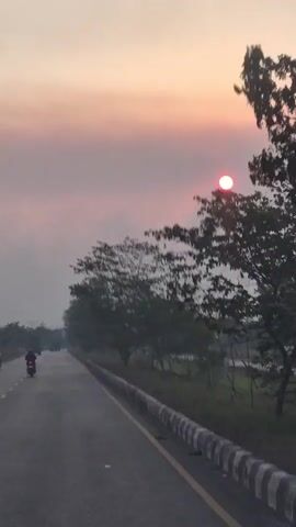 A video shows a sunset with a red sun visible through a tree on the right side of the screen. A road stretches into the distance on the left side, with a motorcycle visible on the road. The sky is a hazy pink and orange color.