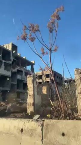 The video shows a scene of devastation, likely in a war-torn area. The camera, apparently inside a moving vehicle, passes by several buildings that are heavily damaged, with walls blown out and debris scattered everywhere. The buildings are multi-story and appear to be residential. The sky is clear and blue. The landscape is mostly barren with some sparse vegetation. A concrete barrier is visible along the road. The overall impression is one of destruction and ruin.