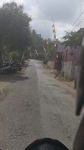 A POV shot from a motorcycle shows a paved road lined with trees and houses. Red and white flags are displayed on poles along the road. The sky is cloudy. The motorcycle is moving forward and the camera appears to be mounted on the handlebars or dashboard. The road is in fair condition with some cracks and uneven patches.
