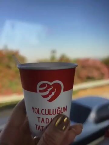 The video begins with a close-up of a hand holding a paper cup. The cup is white with a red band at the top and features a red heart logo with a stylized image inside. Text on the cup reads "YOLCULUĞUN TADI" and "TAT". The background is blurred but shows greenery and what appears to be a sunny sky. A small spoon is visible in the cup.

The scene then transitions to a wider view from inside a vehicle, likely a bus, looking out of a window. The vehicle appears to be moving along a highway. The landscape outside consists of flowering bushes with pink and white blooms, interspersed with green trees. A white building with windows is visible in the distance, along with a clear blue sky, suggesting it is daytime and the weather is fair. The movement of the vehicle causes a slight blur in the background, reinforcing the sense of travel. The overall mood conveyed is one of pleasant journey and enjoyment.