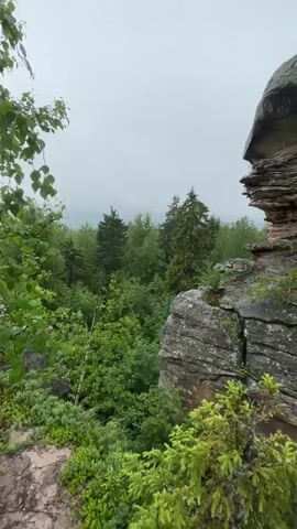 The video shows a rocky landscape with lush green vegetation. The camera pans across various rock formations, some of which are large and weathered, with layers visible. Trees, predominantly pine and birch, are growing amongst the rocks and on the slopes. The sky appears overcast, suggesting a cloudy or rainy day. The overall impression is of a natural, rugged, and somewhat wild environment.