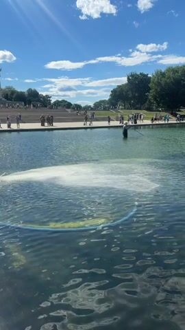The video shows a bright, sunny day with a clear blue sky and scattered white clouds. In the foreground, a large body of water, possibly a pool or reflecting pool, occupies most of the frame. A blue hose lies in the water, with a large plume of white foam or spray erupting from it, creating ripples on the surface. A person in dark clothing, possibly a diver or worker, stands in the water near the foam, holding a pole or hose. In the background, there is a concrete edge to the water, beyond which are stairs and a grassy area. Several people are visible standing on the edge of the water and on the stairs, some appearing to be watching the activity. Trees and a building are visible in the far background. The overall impression is an outdoor recreational or maintenance scene on a pleasant day.