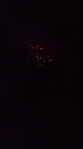 The video shows a nighttime display of fireworks. The first few frames are dark, with only faint sparks visible. Then, a series of fireworks erupt in the sky, creating bursts of light and color. The fireworks appear to be gold and orange, with some green mixed in. They explode in various shapes and sizes, some forming small clusters of sparks, while others create larger, more intricate patterns. The background is completely dark, indicating that the video was taken at night. The fireworks are the sole focus of the video, and there are no people or objects visible in the frame. The display appears to be ongoing, with multiple fireworks exploding in sequence.