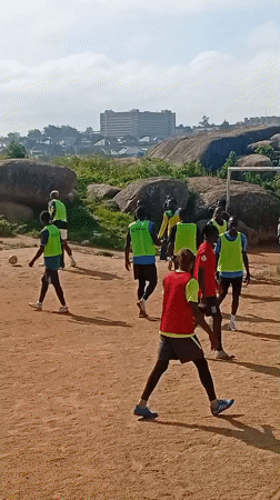 Football session at the rocks in Jos, Nigeria