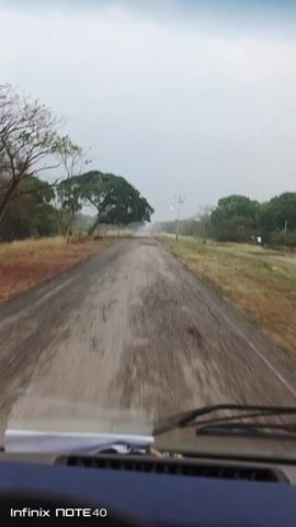The video shows a view from inside a vehicle, likely a truck or van, driving along a paved road. The road is gray and appears damp or wet, with visible patches and some damage. On either side of the road is dry grass and scattered trees. A large, leafy tree is prominent on the left side of the road. Power lines and poles run along the right side. The sky is overcast and gray, creating a muted, somewhat dreary atmosphere. The vehicle's dashboard and steering wheel are visible in the foreground. The text "Infinix NOTE40" is displayed at the bottom left corner of the frame, indicating the device used to record the video.
