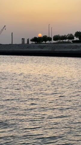 The video depicts a body of water, possibly a river or lake, with small ripples on the surface. In the background, the sun is setting, appearing as a bright orange orb near the horizon. Silhouetted against the sky are trees, streetlights, a crane, and what appears to be a construction site with vertical structures. A concrete barrier runs along the edge of the water, separating it from the land.