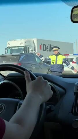A driver inside a car is being directed to stop by a traffic police officer. The officer, wearing a navy and yellow reflective jacket and hat, is standing in front of the car and gesturing with a baton. Other vehicles, including a gray SUV and a semi-truck with the word "Dell" on it, are visible in the background. There is also another police car present. The sky is blue and the environment appears to be outdoors on a sunny day.
