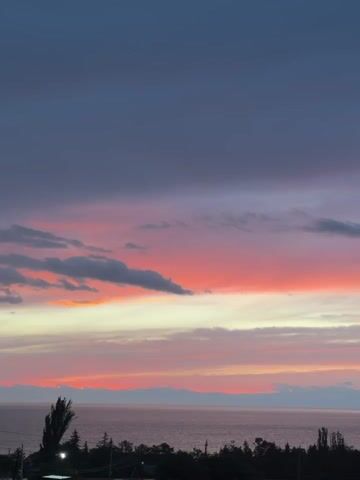 This is a vertical video showcasing a sunset over the Issyk-Kul lake in Kyrgyzstan. The scene is set with a dramatic sky painted in hues of deep purple, vibrant pink, and soft orange. Wispy clouds drift across the sky, catching the last rays of sunlight.

Below the colorful sky, a serene body of water, the Issyk-Kul lake, stretches horizontally across the frame. The water's surface reflects the sky's warm tones, creating a shimmering effect.

In the foreground, a silhouetted landscape of trees and distant mountains can be seen. The trees appear dark against the vibrant sky, adding depth and texture to the image. A few indistinct structures or buildings are visible along the shoreline, hinting at human presence without being the focal point.

The time of day is clearly dusk, as indicated by the setting sun and the deepening colors of the sky. The weather appears calm, with no strong winds suggested by the tranquil water and the gentle movement of the clouds. The overall mood evoked is one of peace, beauty, and natural wonder. There is no visible text in the video.