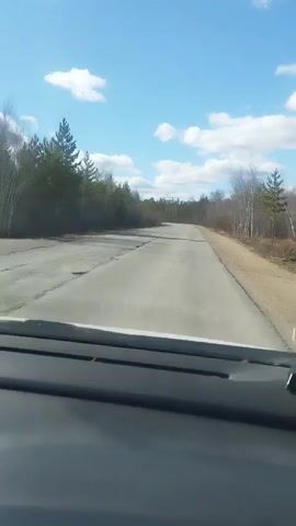 The view from the dashboard of a car shows a slightly cracked and patchy asphalt road winding through a forest.  The sky is blue with scattered white clouds.  The forest to the left is predominantly pine, while the trees on the right include bare birch.  The day is sunny.  No people are visible.  The car is moving.