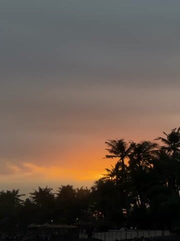 A very brief video clip showing a sunset over a tropical beach. The sky is filled with orange and grey clouds, and silhouetted palm trees are visible against the colorful sky. The bottom of the frame shows a dark, blurry area that may be people or beach umbrellas.