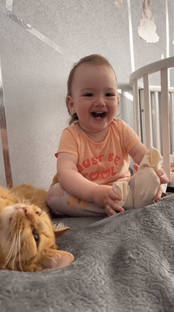 Toddler plays with orange cat on blanket in Russia