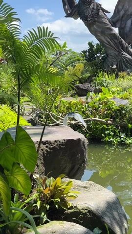 The video presents a serene view of a garden, featuring a tranquil pond surrounded by lush vegetation. In the foreground, large dark stones are partially covered with green plants. The pond reflects the greenery, creating a mirror-like effect. Amidst the foliage, there is a thin, bare branch extending over the water. A bird is perched on the branch, adding a touch of wildlife to the scene. In the background, a large, ornate statue stands tall, its details finely crafted and weathered. The statue appears to be of a woman with flowing garments and outstretched arms. The sky is visible, with scattered clouds providing a bright backdrop. The overall scene is peaceful, showcasing a blend of natural and artistic elements.
