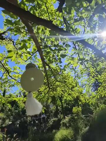 A dream catcher made of beige and white yarn and adorned with beads and feathers hangs from a tree branch. The dream catcher is suspended in the center of the frame, with lush green foliage and a bright blue sky serving as the backdrop. The sun's rays peek through the leaves, casting dappled light on the scene. The camera pans up, providing a low-angle view of the dream catcher as it sways gently in the breeze. The video is filmed in natural daylight, highlighting the vibrant colors of nature.