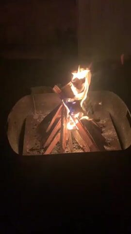 This video shows a campfire in a fire pit. The fire is burning logs that are arranged in a teepee shape. The flames are orange and yellow and flicker upwards. The fire pit is made of metal and has a slightly worn appearance. The background is dark, suggesting it is nighttime or a dimly lit area. There are hints of purple and blue light washing over the scene in some frames, possibly from ambient lighting.