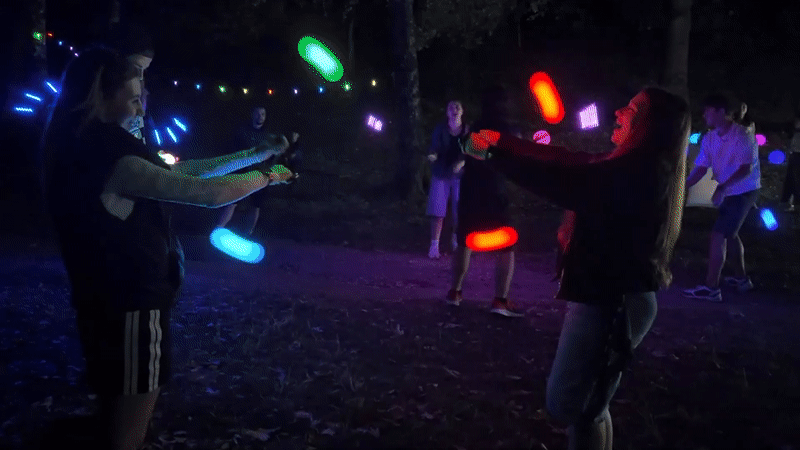 Night flow arts session with glowing props in Zgorigrad