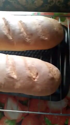 The video shows two loaves of bread on a cooling rack. The bread is light brown and has diagonal score marks on top. The cooling rack is placed on a baking sheet or tray that has a strawberry print on it. The background is blurred, but appears to be a countertop with a patterned fabric.