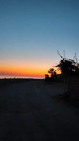A vertical video captures a serene beach scene at dusk. The sky transitions from a clear, deep blue at the top to a vibrant gradient of orange and pink near the horizon, indicating the setting sun. The ocean is visible as a calm, dark body of water reflecting the sky's colors. In the foreground, a sandy beach is textured and dimly lit, with a dark, sandy path leading towards the ocean. Silhouettes of palm trees and a small structure, possibly a building or an awning, are visible on the right side of the frame. A fence or barrier runs along the edge of the beach. The overall atmosphere is peaceful and tranquil, emphasizing the natural beauty of the coastal landscape during twilight.