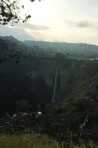 The video captures a long, thin waterfall cascading down a steep, rocky cliff face surrounded by dense green foliage. The waterfall plunges into a deep gorge, the bottom of which is obscured by mist and shadow. Trees with dark green needles are visible in the foreground, framing the scene. The sky above is hazy and overcast. The video appears to be a static shot, possibly from a tripod, with minimal camera movement. There are no people or discernible man-made structures in the immediate vicinity of the waterfall. The overall impression is one of natural grandeur and remote wilderness.