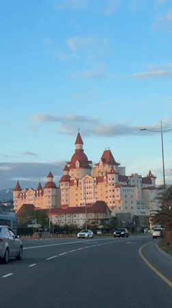 Castle-like building spotted beside busy road in Sirius, Russia