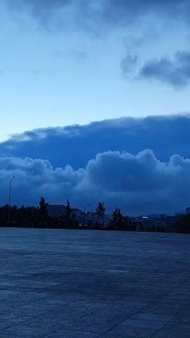 The video depicts a wide, dark paved area in the foreground, likely concrete or asphalt. Beyond the paved area is a line of dark silhouettes that appear to be trees or shrubs, and possibly low-lying buildings. The sky dominates the upper half of the frame, exhibiting a gradiated transition from a pale, light blue at the top to a band of dense, voluminous clouds in the middle. The clouds are deep blue-gray in color. Lampposts are visible amongst the trees. The overall scene has a cool, somewhat dim, mood. The video seems to be static, without any movement or action occurring within the frame.